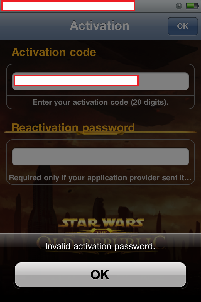 Exact same problem on my iphone 4S, I cannot get past through the "Activation Code" and "Reactivation password" page on the SWTOR SK program.