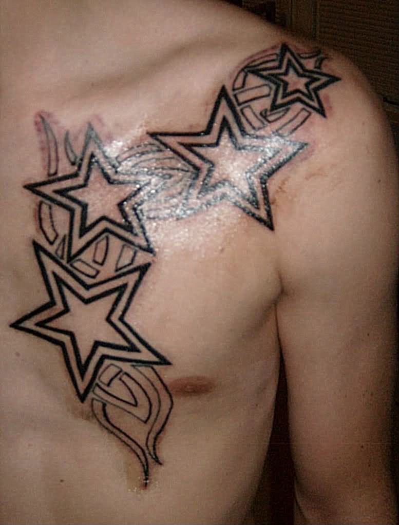 Four-star tattoo decorations lining the left chest